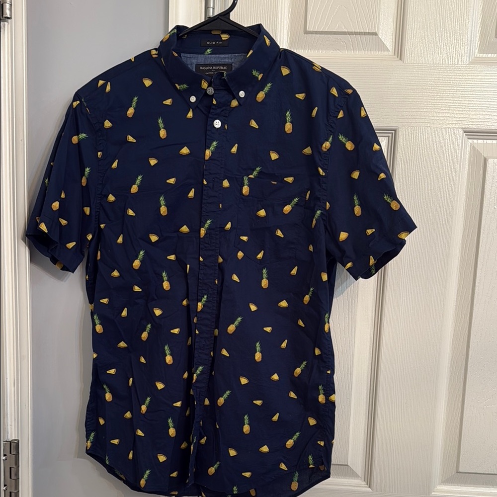 Banana Republic Blue and Yellow Pineapple Casual Button Down Shirt